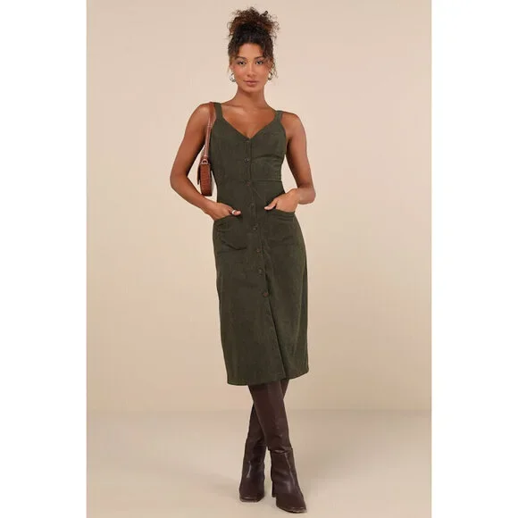 green emerald velvet dress Khaki Corduroy Midi Dress – Mint Velvet